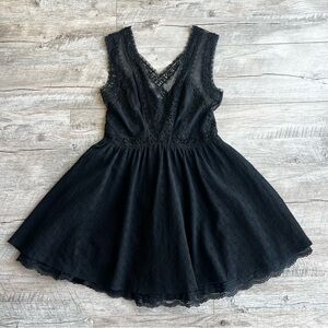 Free People Black Lace Embroidered V-Neck Babydoll Dress